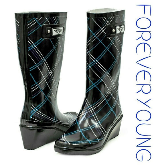 Forever Young Shoes - Women's Rainboots, Tall Wedge Rain Boots, #3100, Blue Plaid
